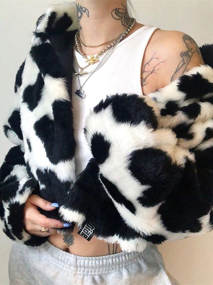 Black and White Retro All-Match Cardigan Short Imitation Fur Cotton Jacket