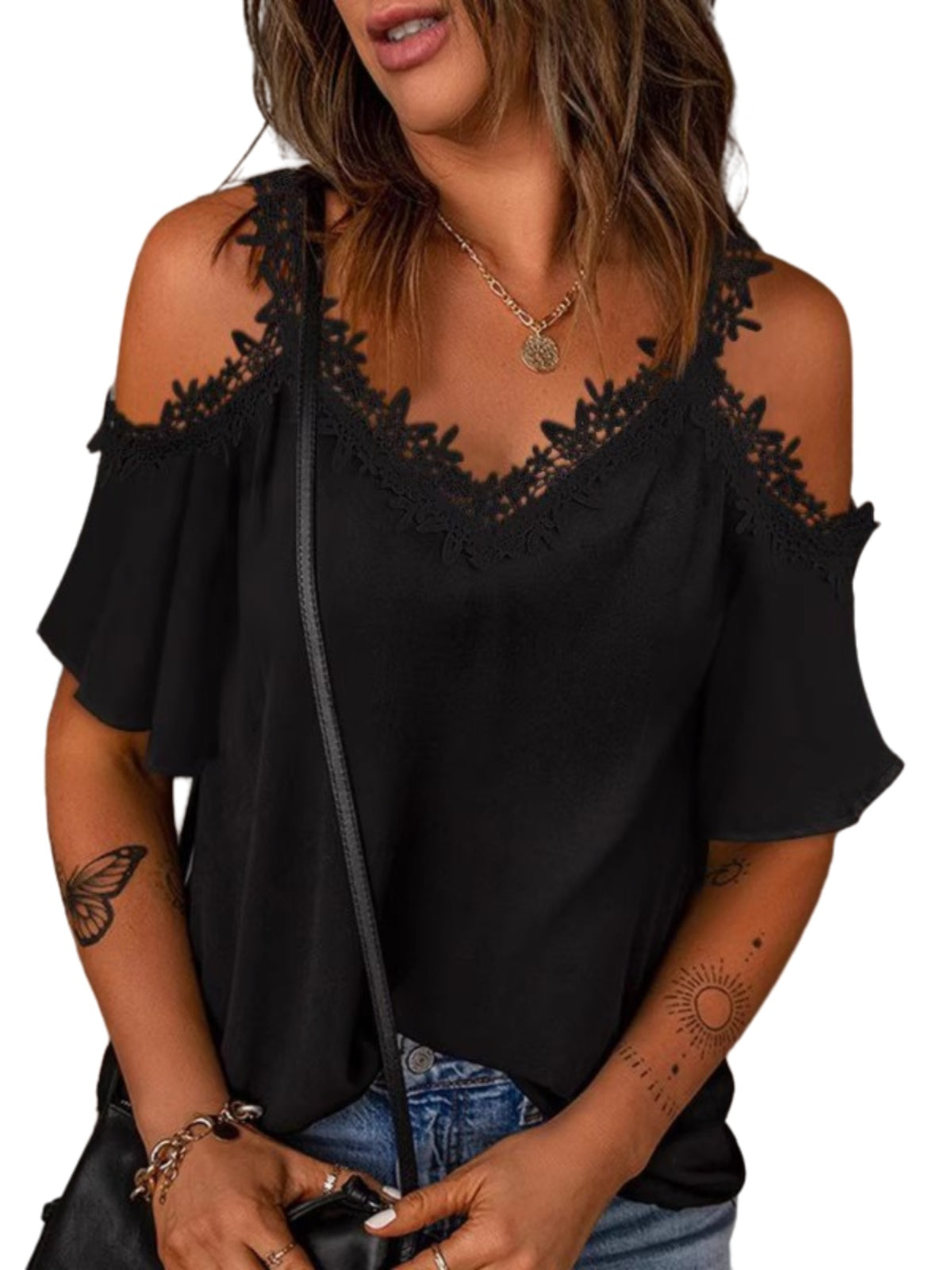 Fashion Style Street Style Short Sleeve Summer Elegant Hot Sale Sexy Amazon New V-neck off-Shoulder Lace Short Sleeved T-shirt Women