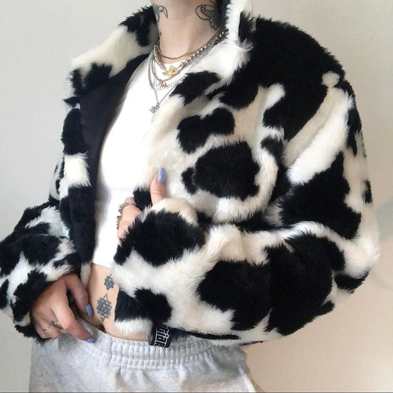 Black and White Retro All-Match Cardigan Short Imitation Fur Cotton Jacket