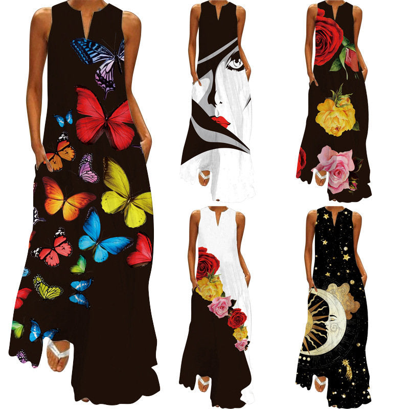 Amazon EBay European American Fashion Floral Print Pocket Long Dress