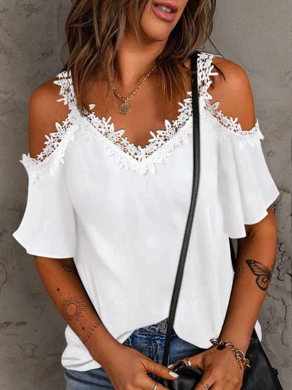 Fashion Style Street Style Short Sleeve Summer Elegant Hot Sale Sexy Amazon New V-neck off-Shoulder Lace Short Sleeved T-shirt Women
