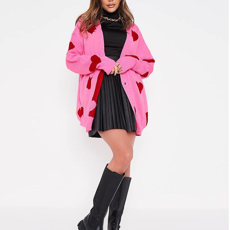 Fashion Ins Retro Sexy Sweet Barbie Pink Love Contrast Color Loose Mid Length Long Length Knitted Cardigan Knitted Coat