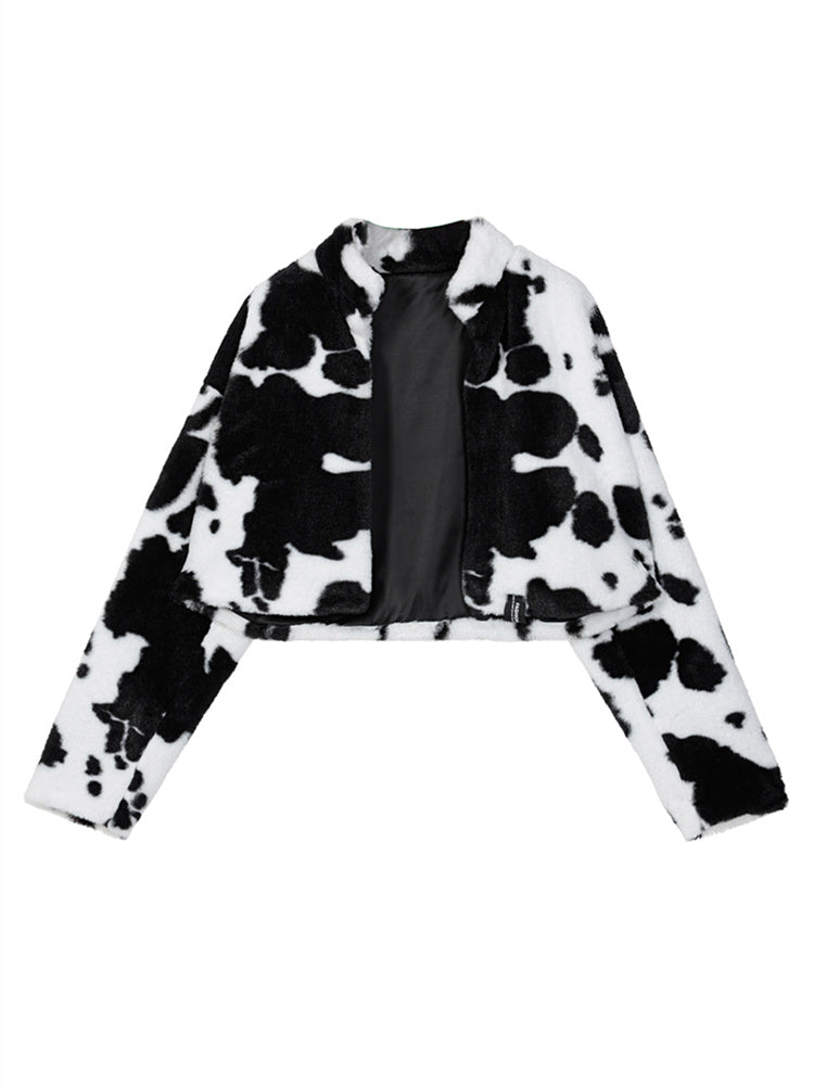 Black and White Retro All-Match Cardigan Short Imitation Fur Cotton Jacket