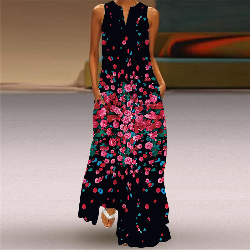 Amazon EBay European American Fashion Floral Print Pocket Long Dress