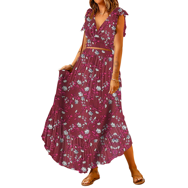 2023 Summer New Multi-Color Print Separates Dress Suit Fashion V-neck Slimming High Waist Dress Two-Piece Set