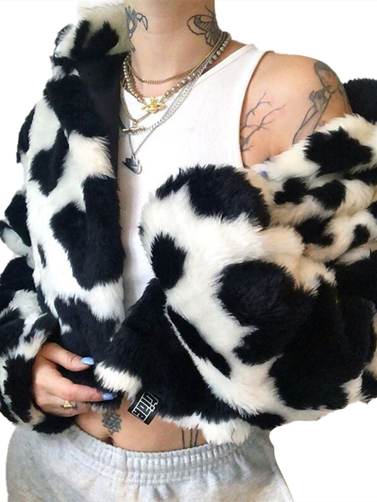 Black and White Retro All-Match Cardigan Short Imitation Fur Cotton Jacket