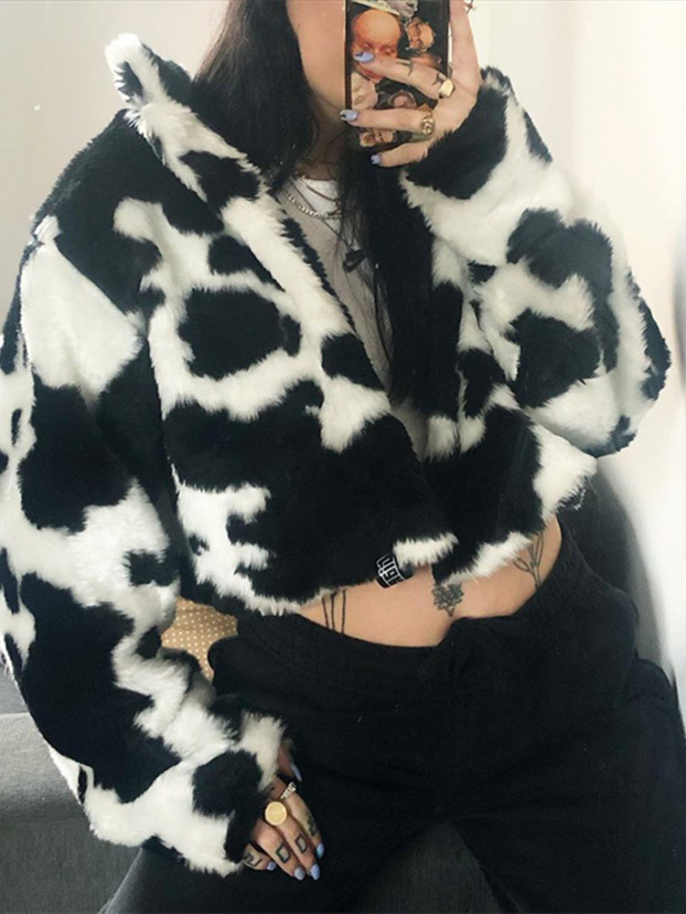 Black and White Retro All-Match Cardigan Short Imitation Fur Cotton Jacket