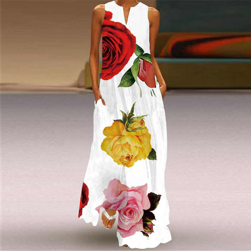 Amazon EBay European American Fashion Floral Print Pocket Long Dress