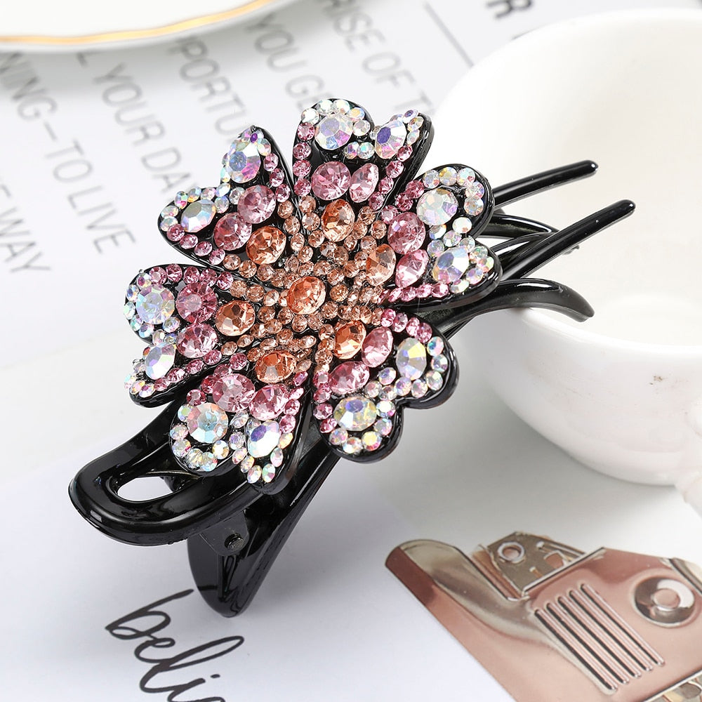 Levao Shiny Rhinestone Flower Hairpin Acrylic Duckbill Clip Hair Claw Female floral Barrettes Hair Clips for Women Headwear