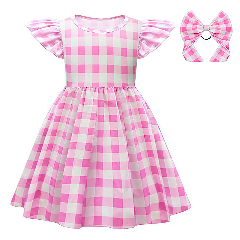 Princess Dress Girls' Cosplay Real Barbie Plaid Pink Suspender Dress Waist-Tight Dream Performance Dress