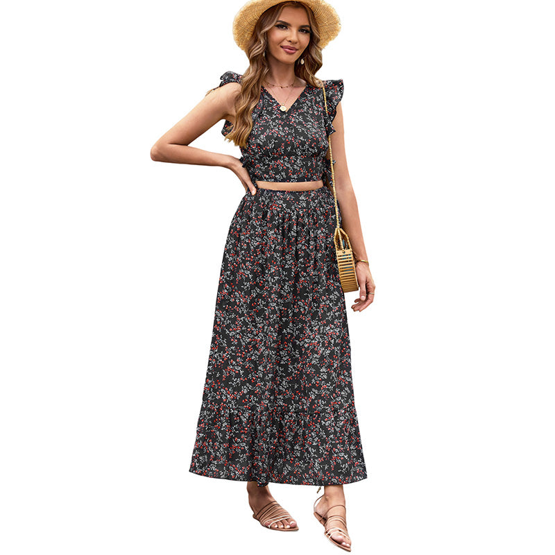 2023 Summer New Multi-Color Print Separates Dress Suit Fashion V-neck Slimming High Waist Dress Two-Piece Set