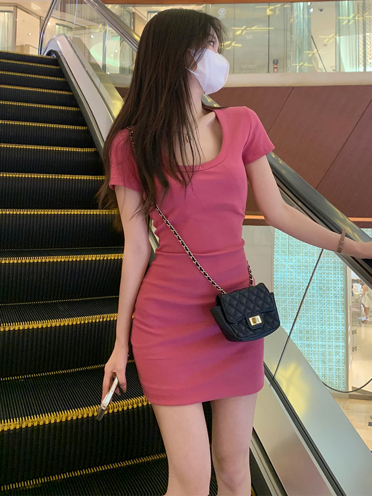 Sexy Barbie Pink Short-Sleeved T-shirt Dress Women's Summer Tight-Fitting Sexy Inner Skirt Pure Mother-Style Hip-Wrapped Skirt