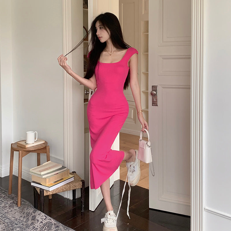 Instahot French Style Square Collar Dress 2023 New Suspender Slim Fit Elegant Flattering Figure Office Lady Sheath Skirt