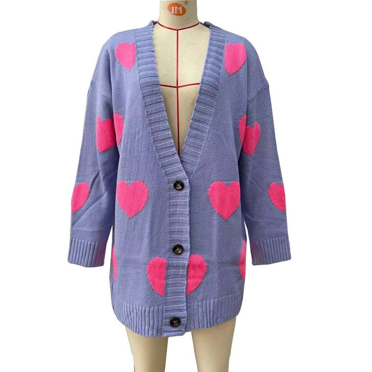 Fashion Ins Retro Sexy Sweet Barbie Pink Love Contrast Color Loose Mid Length Long Length Knitted Cardigan Knitted Coat