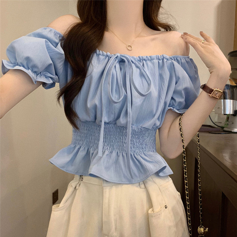 French Style Barbie Pink Square Collar Puff Sleeve Top Women's Summer Short Sweet Blouse High Waist Chic Short Shirt