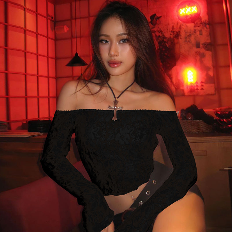 Shemoda off-Shoulder Sexy See-through Lace Long-Sleeved Top Women's Outer Wear Slim Fit Sexy Crop Top T-shirt 2023