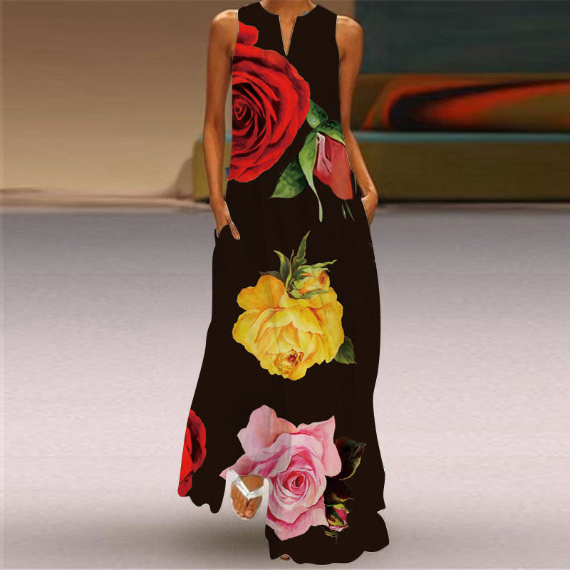 Amazon EBay European American Fashion Floral Print Pocket Long Dress