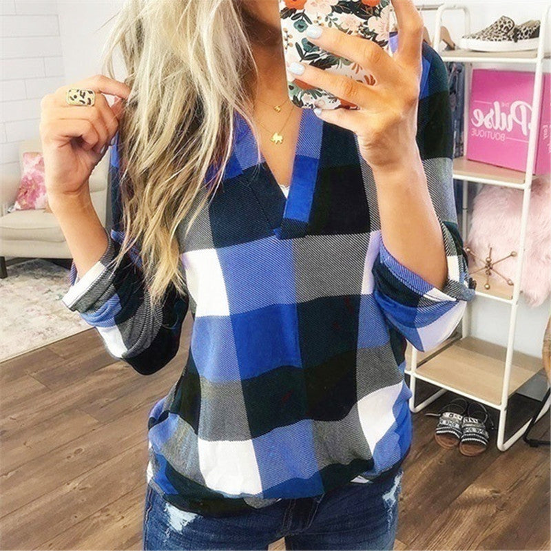 Fashion Style Stand Collar Fashion Women's Wear New Wish Hot Sale Spring and Autumn Shirt Plaid Printed V-neck Long Sleeve Top T-shirt