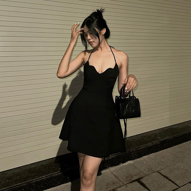 Instahot French Dress Female 2023 New Sexy Elegant Slim Fit Slim Backless Black Slip Dress