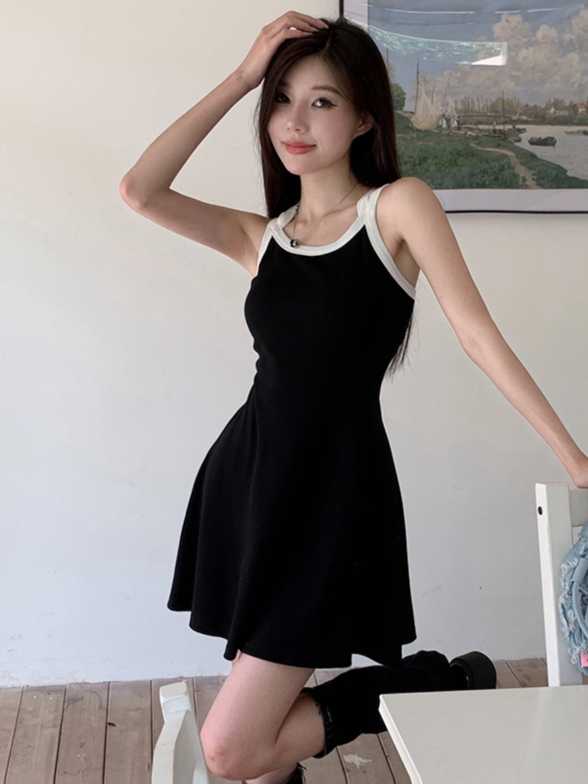 Instahot Contrast Color Double-Shoulder Strap A- line Dress 2023 New Slim Fit Waist-Controlled Slimming A- line Slip Dress