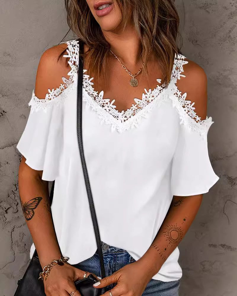 Fashion Style Street Style Short Sleeve Summer Elegant Hot Sale Sexy Amazon New V-neck off-Shoulder Lace Short Sleeved T-shirt Women