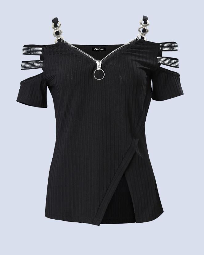 Fashion Y2K Women's Top 2023 Summer Casual Rhinestone Decoration Zipper Details Split Bottom Cold Shoulder Basic Slim T-Shirt