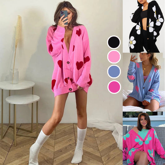 Fashion Ins Retro Sexy Sweet Barbie Pink Love Contrast Color Loose Mid Length Long Length Knitted Cardigan Knitted Coat