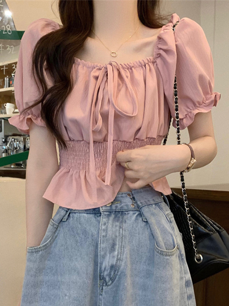 French Style Barbie Pink Square Collar Puff Sleeve Top Women's Summer Short Sweet Blouse High Waist Chic Short Shirt