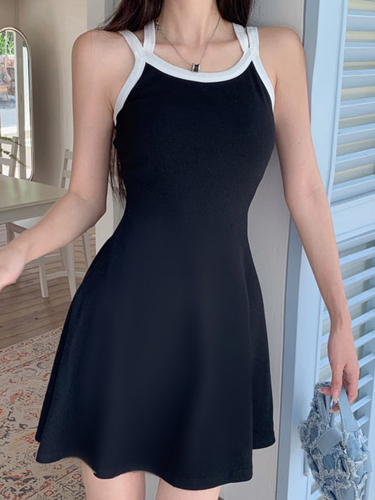 Instahot Contrast Color Double-Shoulder Strap A- line Dress 2023 New Slim Fit Waist-Controlled Slimming A- line Slip Dress