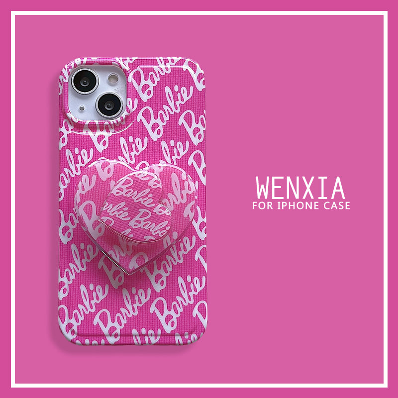 Wenxia Ins Barbie Pink English Rotate Heart Bracket for Apple 14 Phone Case 13promax New Iphone11 Silicone Iphone12promax Korean Style 14pro Trending Girl