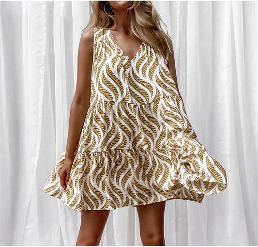 Spring and Summer New Fashion Style Elegant Amazon AliExpress V-neck Print Puffy Cake Dress Female Fashion