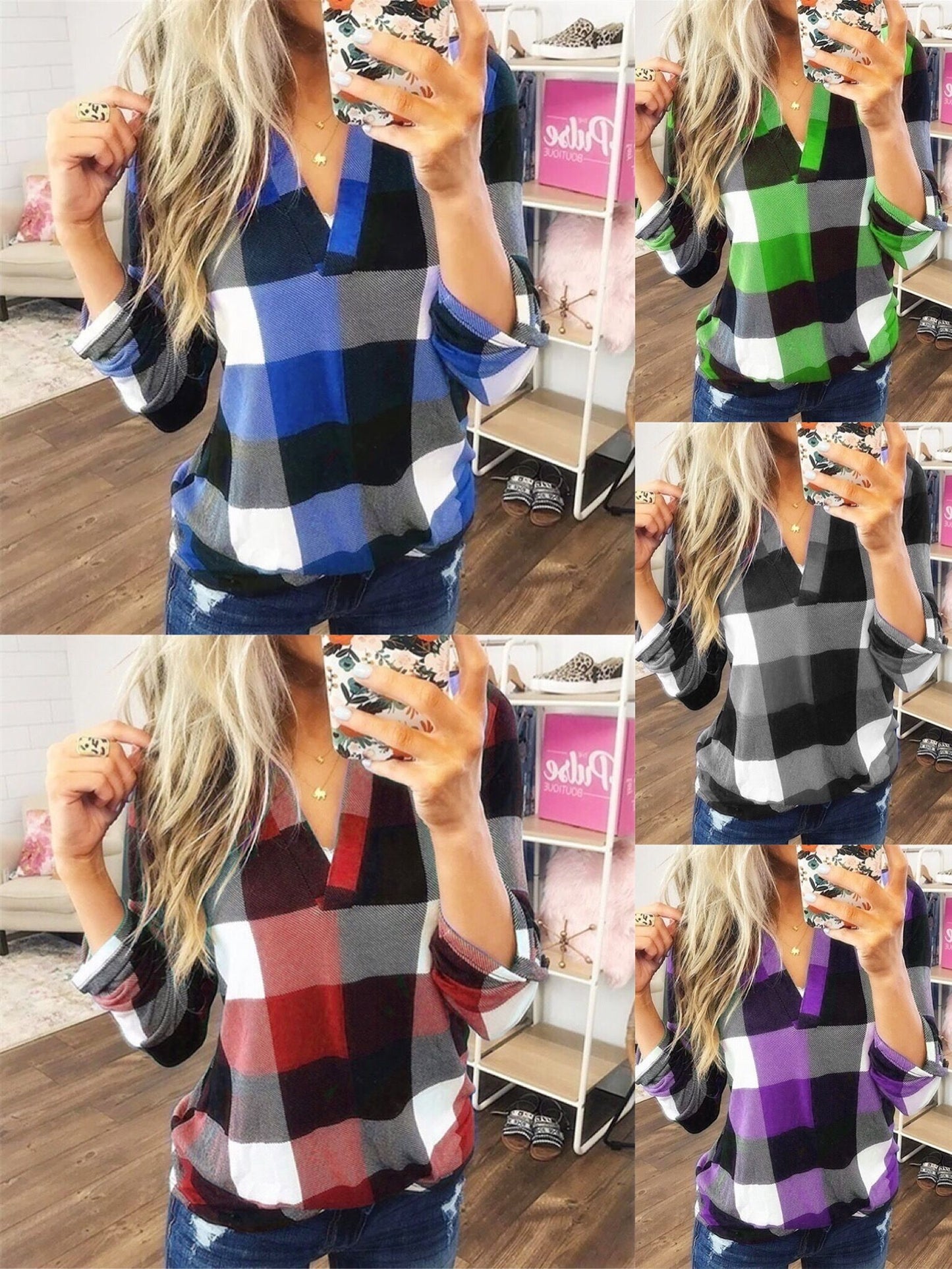 Fashion Style Stand Collar Fashion Women's Wear New Wish Hot Sale Spring and Autumn Shirt Plaid Printed V-neck Long Sleeve Top T-shirt